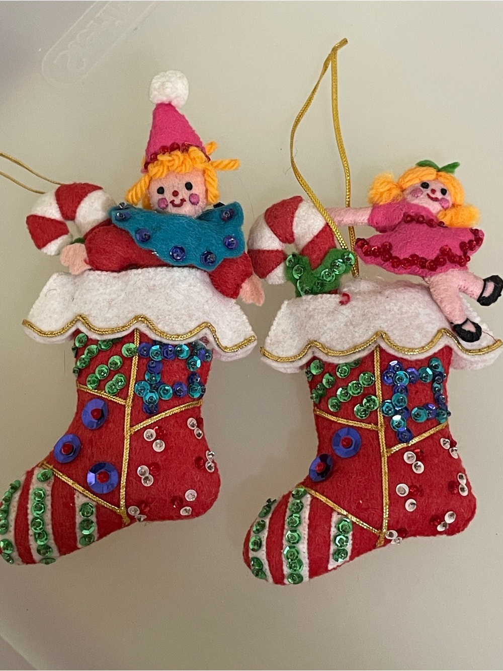 Vintage 1976 Bucilla Toyland Stockings Hand Stitched Felt Ornaments Pair